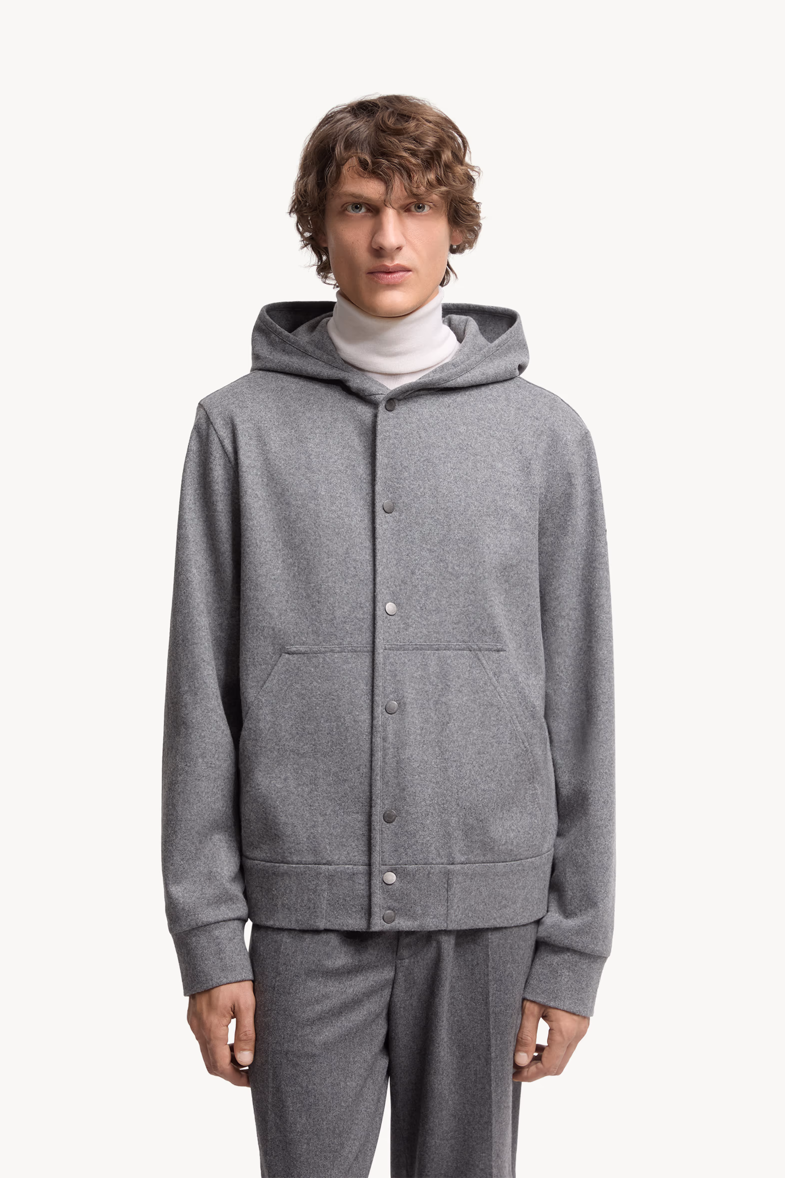 Wool Blend Zip-Up Hoodie Men Grey Moncler 3